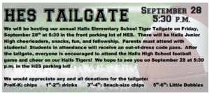 HES Tiger Tailgate is FRIDAY, September 28th at 5:30!